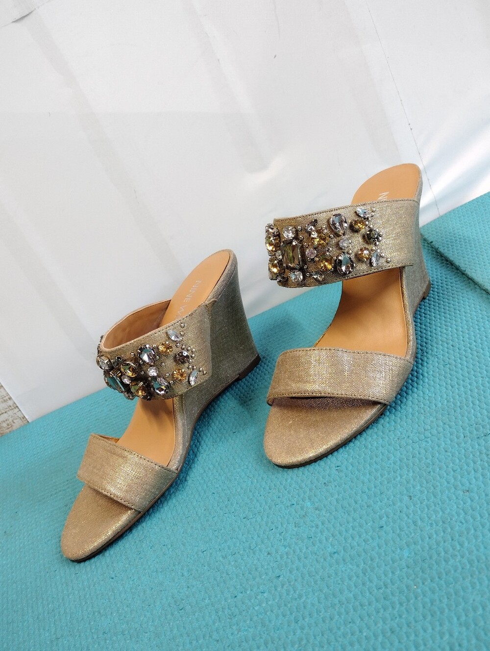Nine West Gold Jeweled Wedge Sandals Platform Heels - 5.5